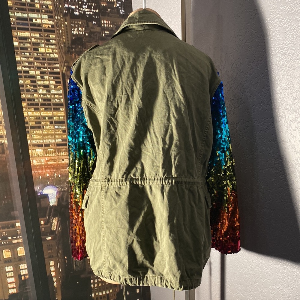 BARNEYS NY - NWT - jacket: olive green w rainbow sequined long sleeves - 42 / 8 - Picture 15 of 16